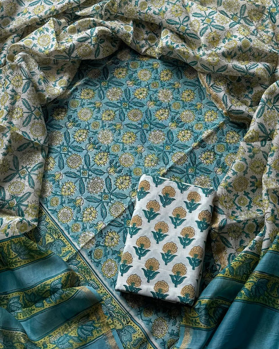 Timeless Blue-Green Chanderi Silk Suit with All-over floral Sanganeri Print