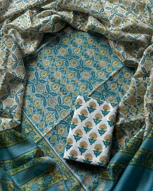 Timeless Blue-Green Chanderi Silk Suit with All-over floral Sanganeri Print