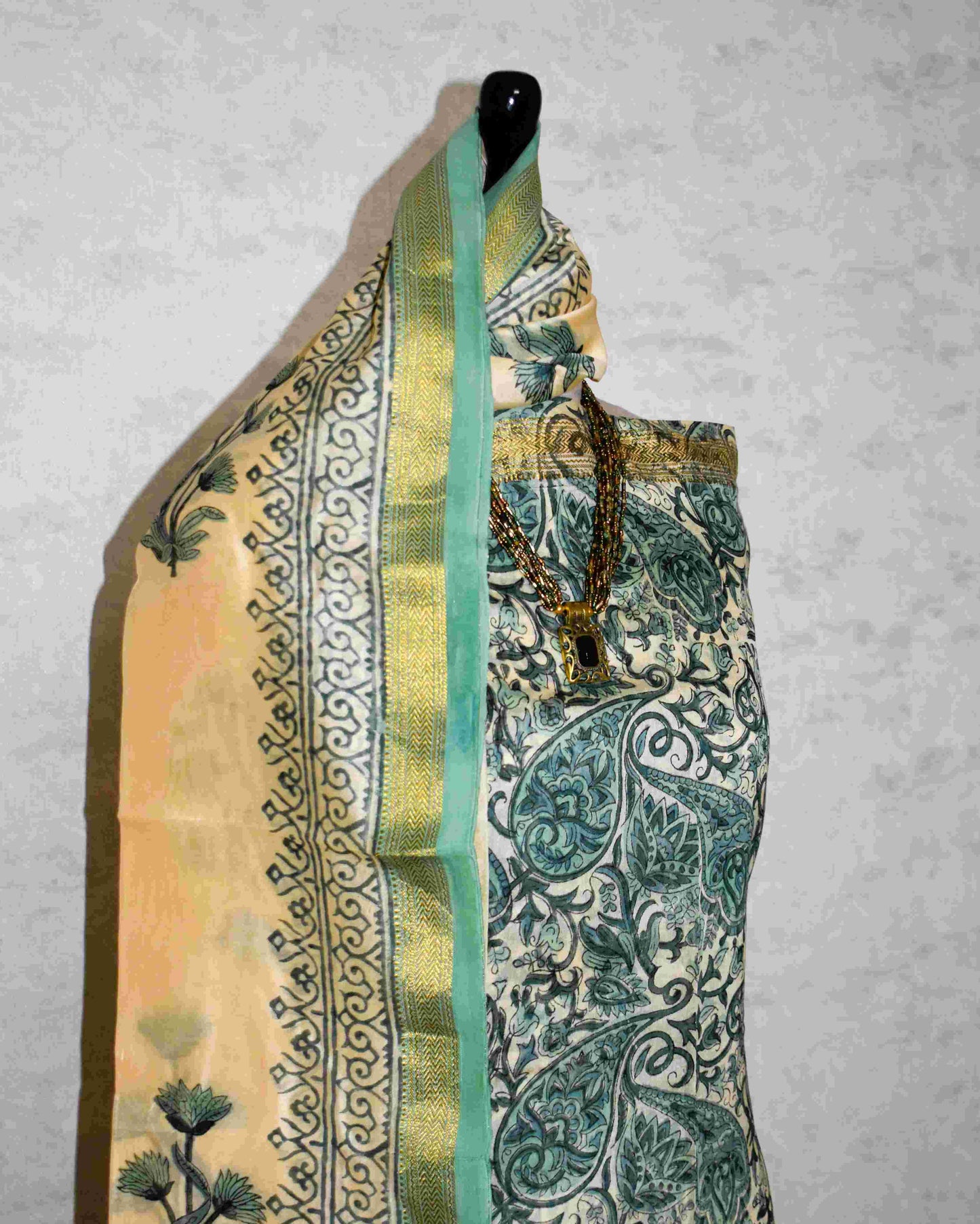 Bagru Sage Green Paisley Printed Maheshwari Silk Suit Set