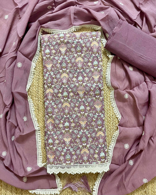 Floral Embroidered Mal Chanderi Unstitched Suit Set with Lace Detailing (Mauve)