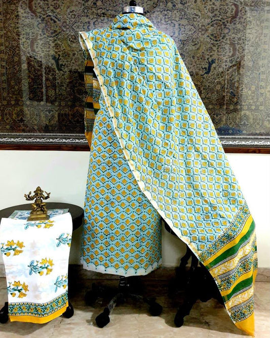 Hand Block Printed Premium Cotton Unstitched Suit with Floral Butis & Chanderi Silk Dupatta - Curated Edit