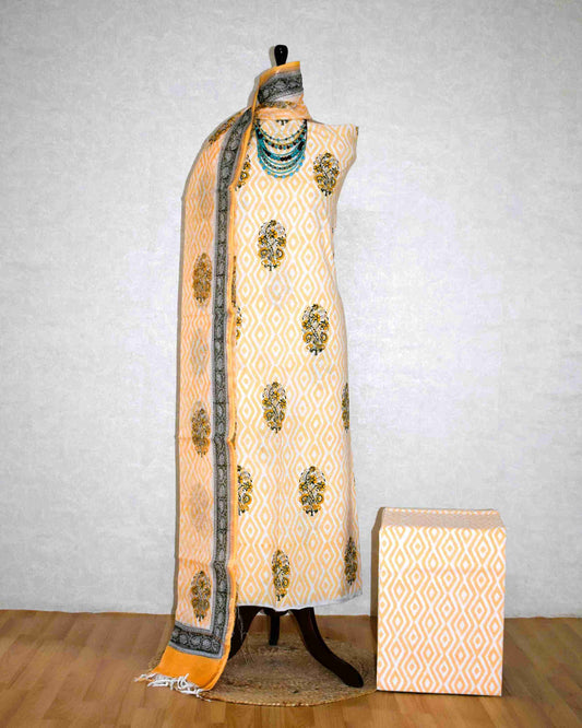 Bagru Hand Block Printed Cotton Suit With Kota Doria Dupatta