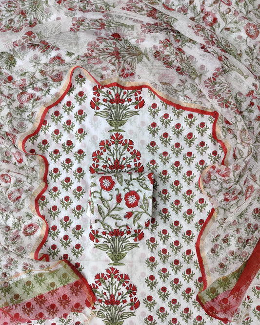 Hand Block Printed Premium Cotton Unstitched Suit with Red Floral Buta & Kota Doria Dupatta - Curated Edit