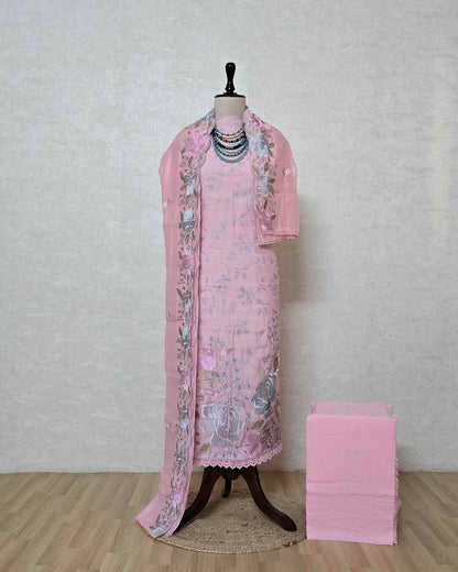 Powder Pink Bloom Embroidered Mal Chanderi Suit Set with Scalloped Dupatta
