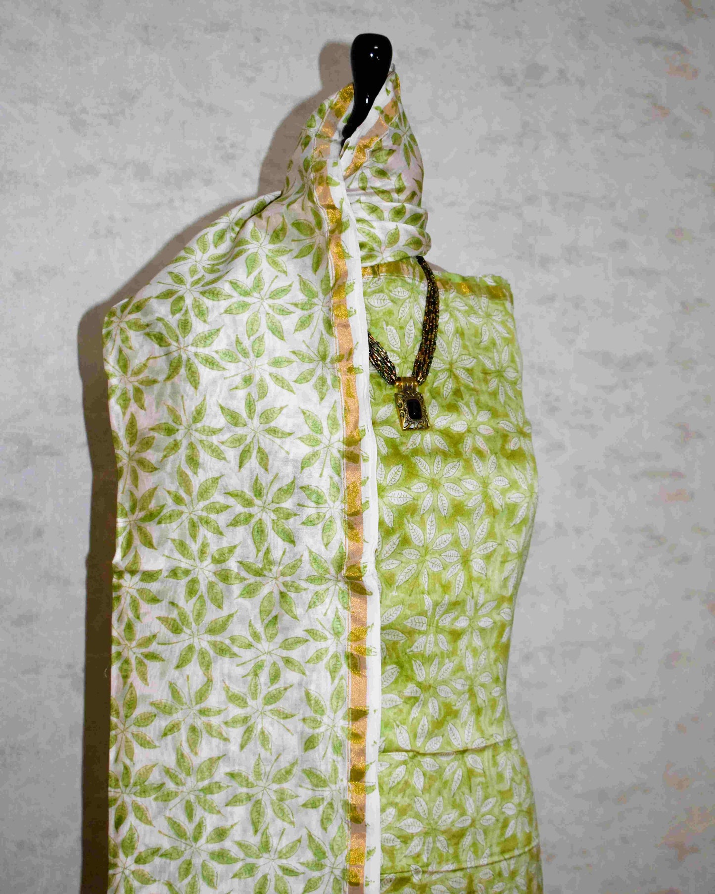 Lime Green Chanderi Silk Suit with Sanganeri All-over leaf Jaal Print