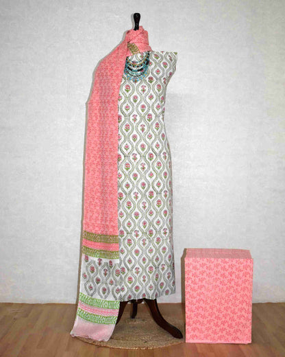 Sanganeri Hand Block Printed Unstitched Cotton Suit Set with malmal dupatta