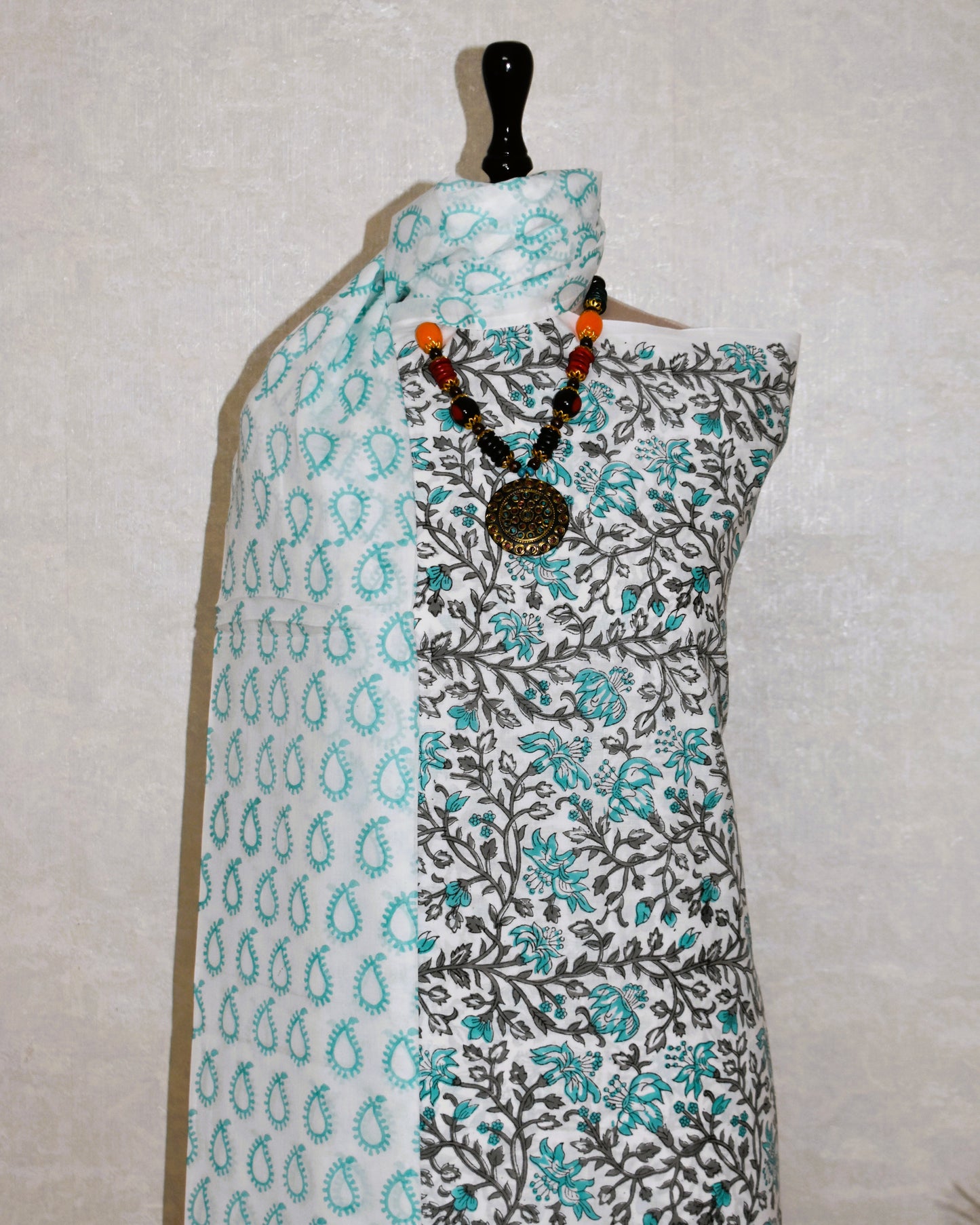 All-over Floral Jaal in Sky Blue Hand Block Printed Cotton Suit with Malmal Dupatta