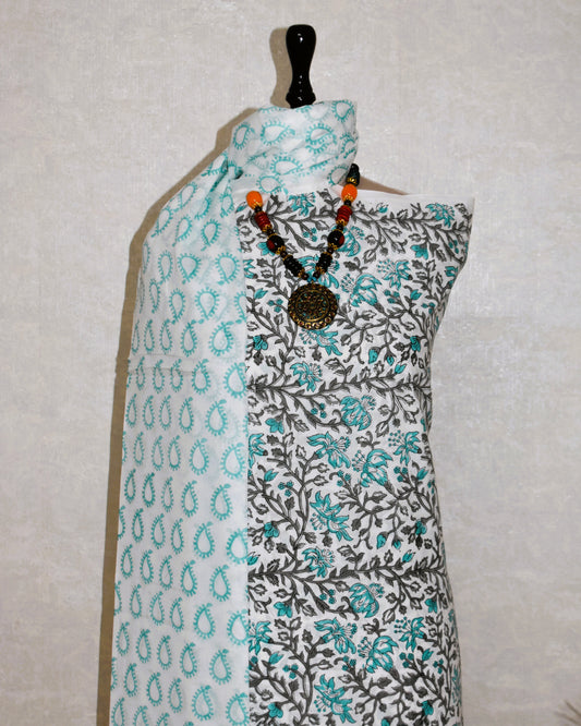 All-over Floral Jaal in Sky Blue Hand Block Printed Cotton Suit with Malmal Dupatta