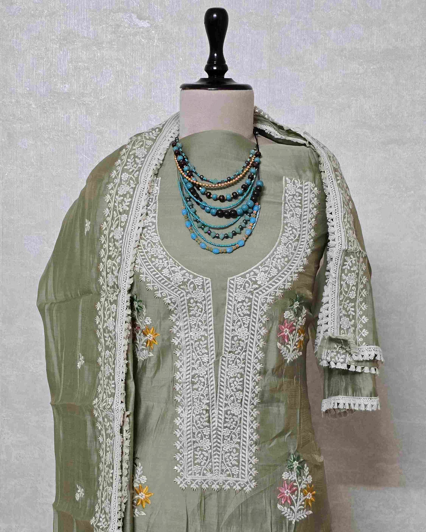 Sage Green MalChanderi with White Threadwork Suit Set with Lace-Edged Dupatta