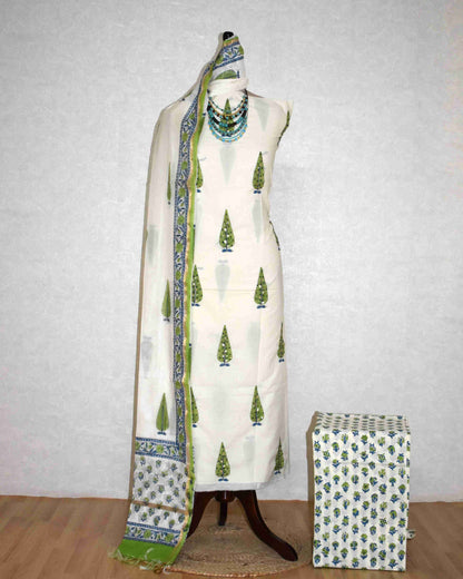 Hand Embroidered and Hand Block Printed Premium Cotton Unstitched Suit with Chanderi Silk Dupatta - Designer Edit