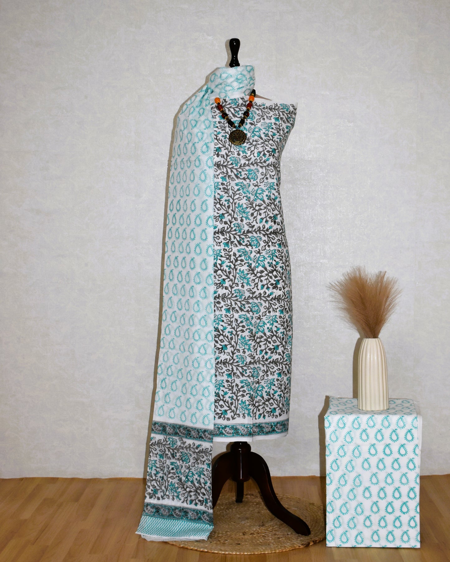 All-over Floral Jaal in Sky Blue Hand Block Printed Cotton Suit with Malmal Dupatta