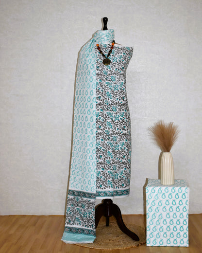 All-over Floral Jaal in Sky Blue Hand Block Printed Cotton Suit with Malmal Dupatta