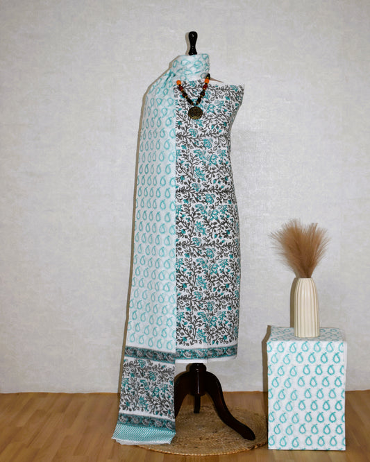 All-over Floral Jaal in Sky Blue Hand Block Printed Cotton Suit with Malmal Dupatta