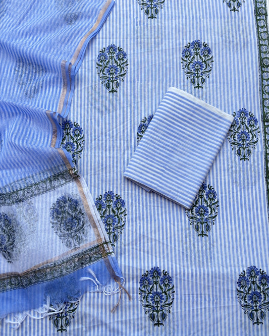 Violet Floral Hand Block Printed Cotton Suit with Kota Doria Lehriya Dupatta