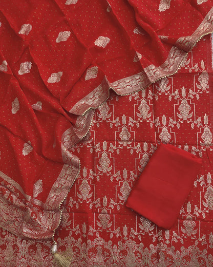 Red Banarasi Silk Suit Set with Banarsi Silk Dupatta