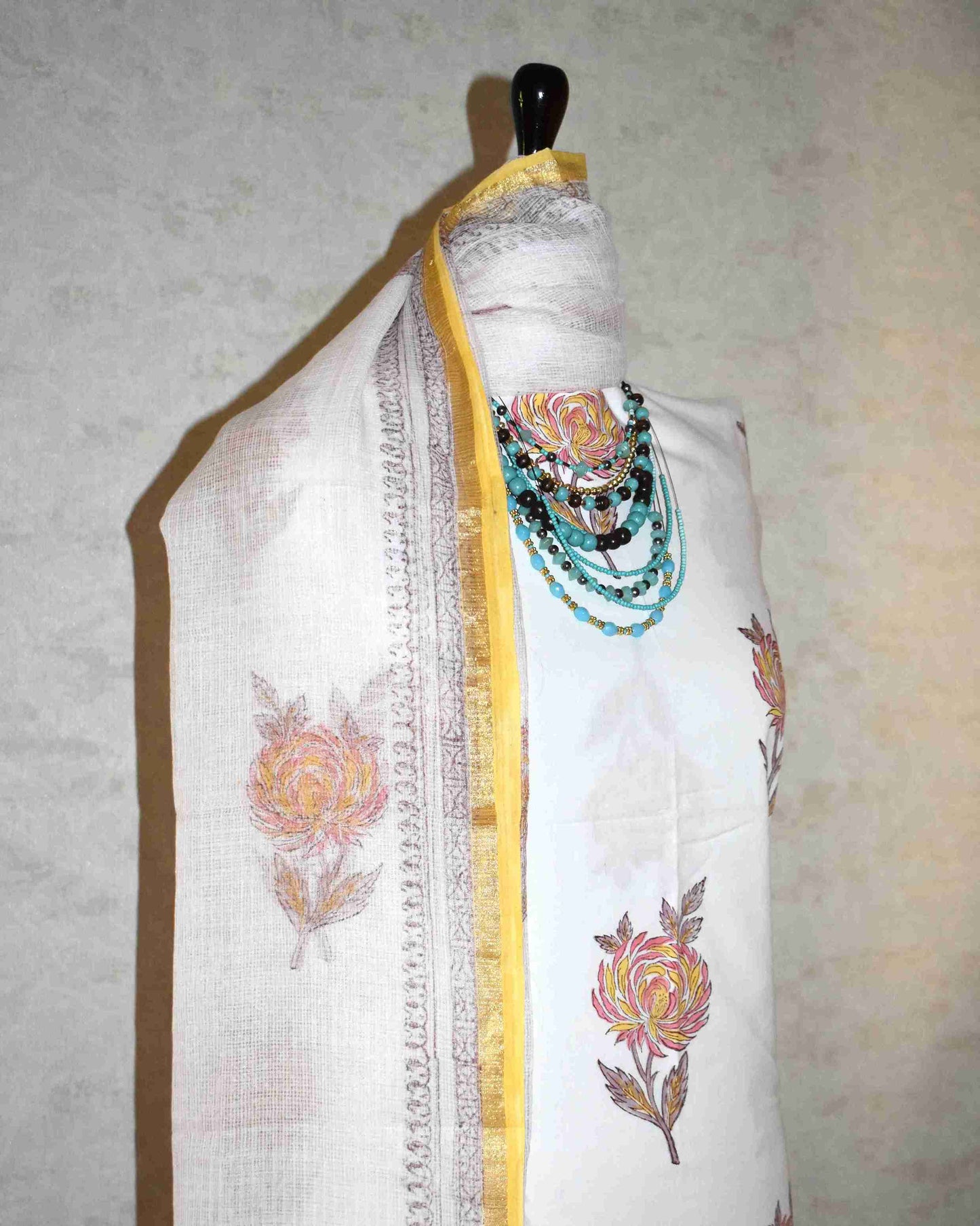 Floral Mughal Buta Hand Block Printed Cotton Suit With Kota Doria Dupatta