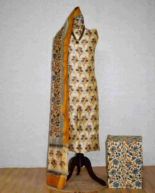 Golden Yellow Floral Buti Printed Maheshwari Silk Suit Set
