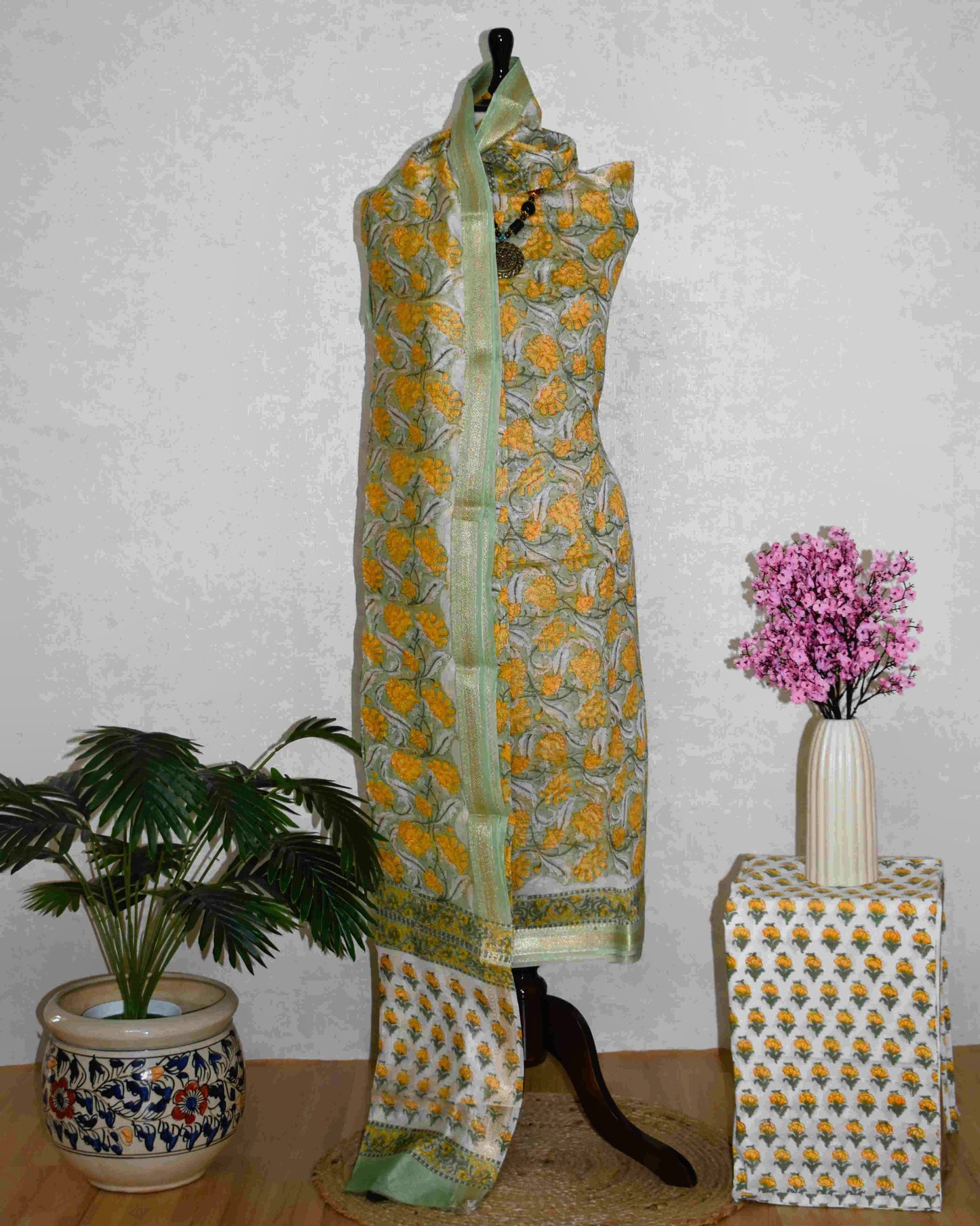 Sanganeri printed Maheshwari Silk Suit Set