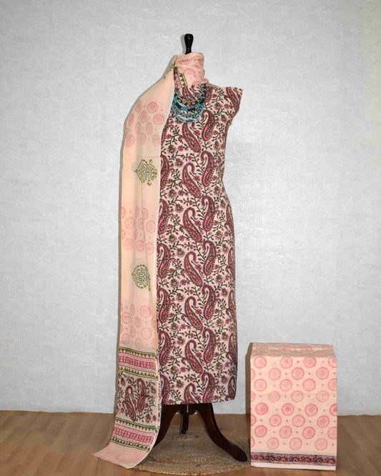 Sanganeri Hand Block Printed Unstitched Cotton Suit Set with malmal dupatta