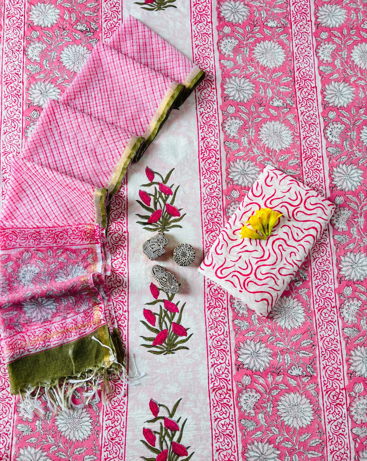 Pink Mughal Floral Placement Hand Block Printed Cotton Suit With Kota Doria Dupatta