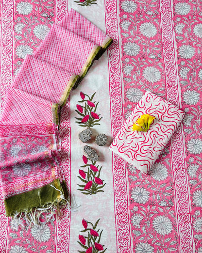Pink Mughal Floral Placement Hand Block Printed Cotton Suit With Kota Doria Dupatta