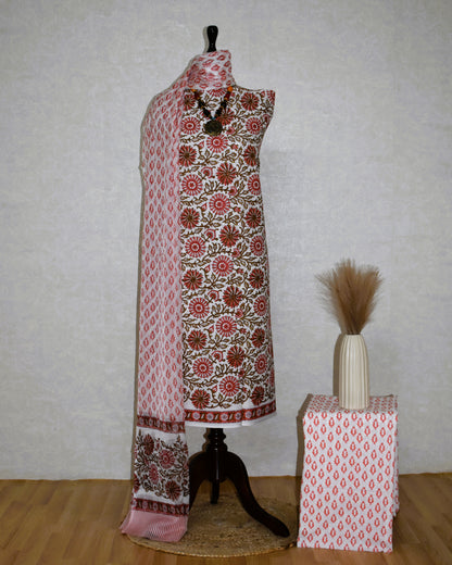 All-over Red Floral Hand Block Printed Cotton Suit with Pure Chiffon dupatta