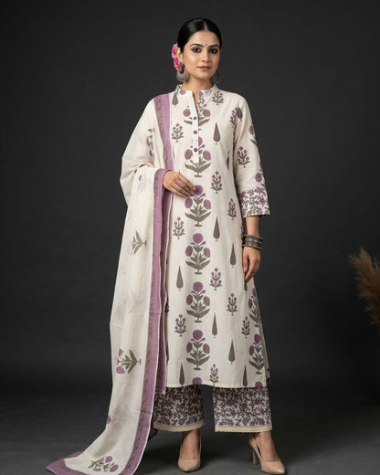 Purple Floral Jaipuri Printed Unstitched Cotton Suit Set