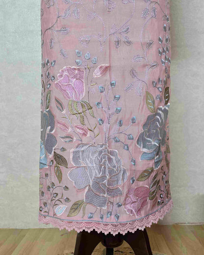 Powder Pink Bloom Embroidered Mal Chanderi Suit Set with Scalloped Dupatta