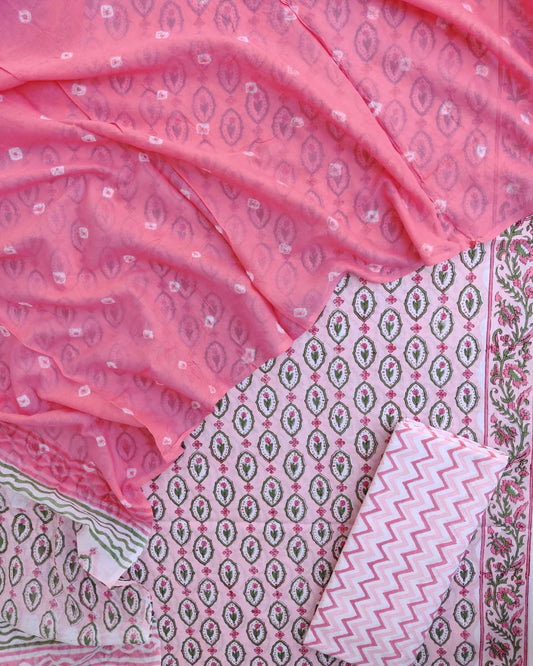 Peach Floral Hand Block All-over Printed Cotton Suit with Bandej Malmal Dupatta