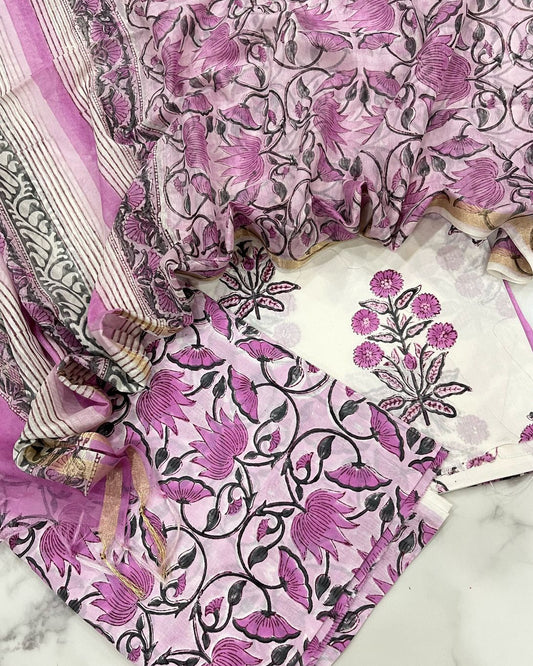 Hand Block Printed Premium Cotton suit set with Violet Floral veils & Chanderi Silk Dupatta - Curated Edit