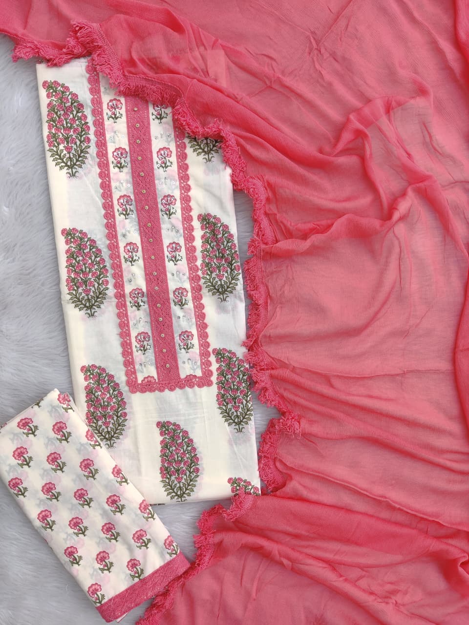 Pink Paisley Hand Block Printed Cotton Suit with Neckwork and Pure Chiffon Dupatta