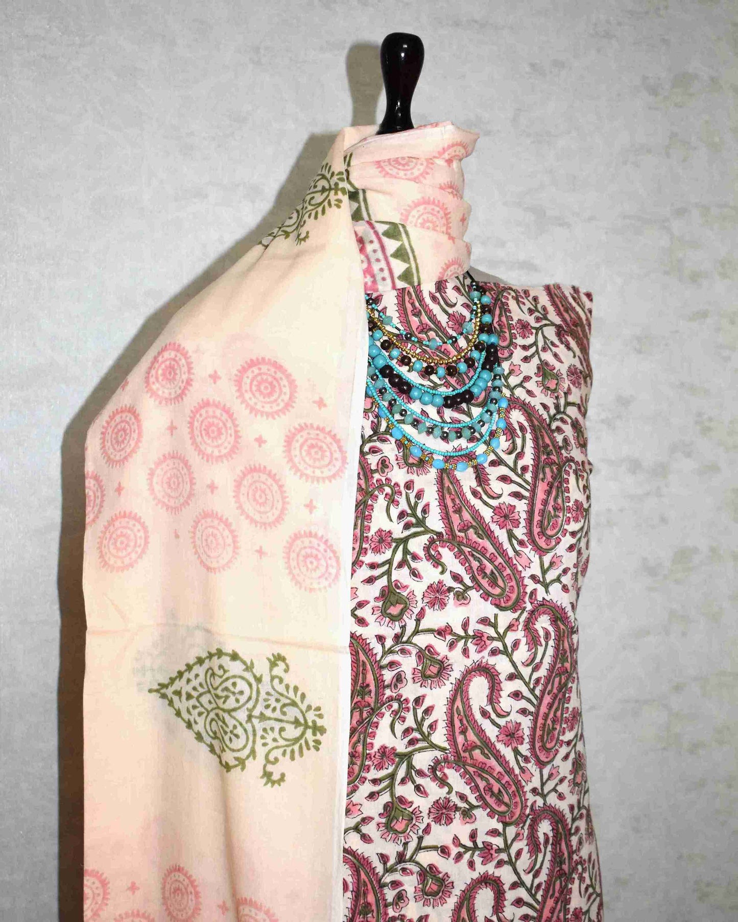 Sanganeri Hand Block Printed Unstitched Cotton Suit Set with malmal dupatta