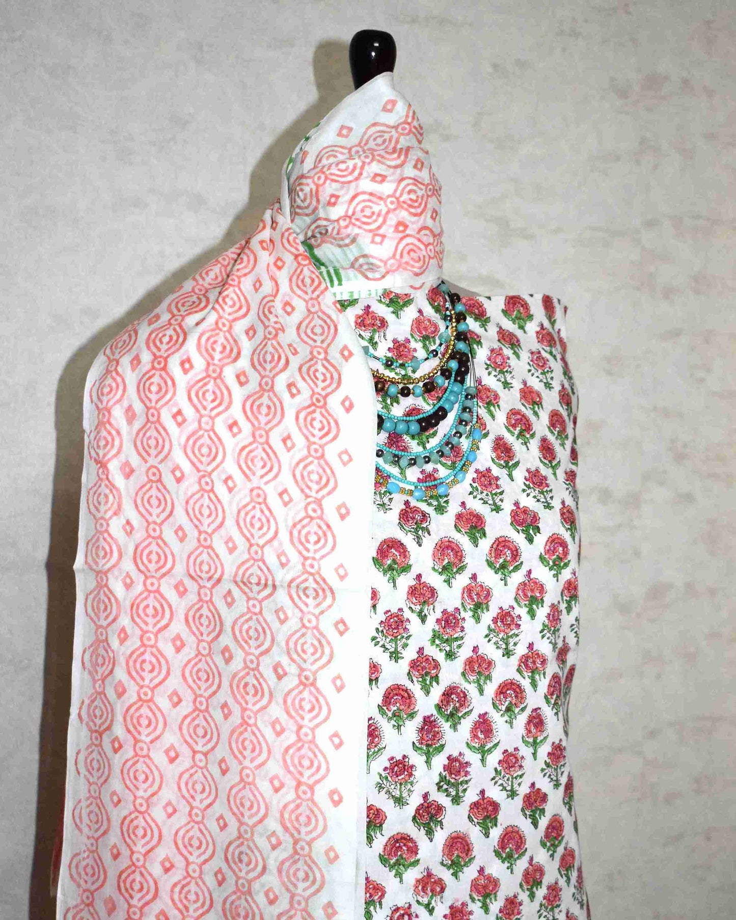 Sanganeri Hand Block Printed Unstitched Cotton Suit Set with malmal dupatta