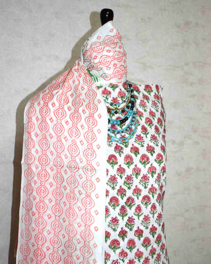 Sanganeri Hand Block Printed Unstitched Cotton Suit Set with malmal dupatta