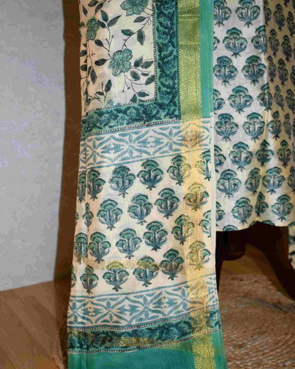 Sage Green Floral Buti Printed Maheshwari Silk Suit Set