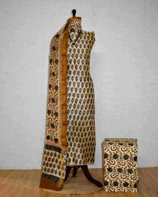 Golden Mustard Bagru Floral Buti Printed Maheshwari Silk Suit Set