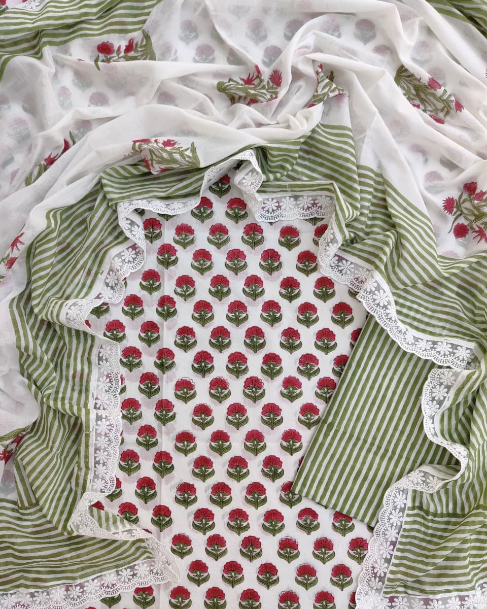 Green with Red Floral Buti Hand Block Printed Cotton Suit with Crochet Lace Work and Malmal Dupatta