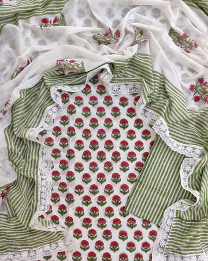 Green with Red Floral Buti Hand Block Printed Cotton Suit with Crochet Lace Work and Malmal Dupatta