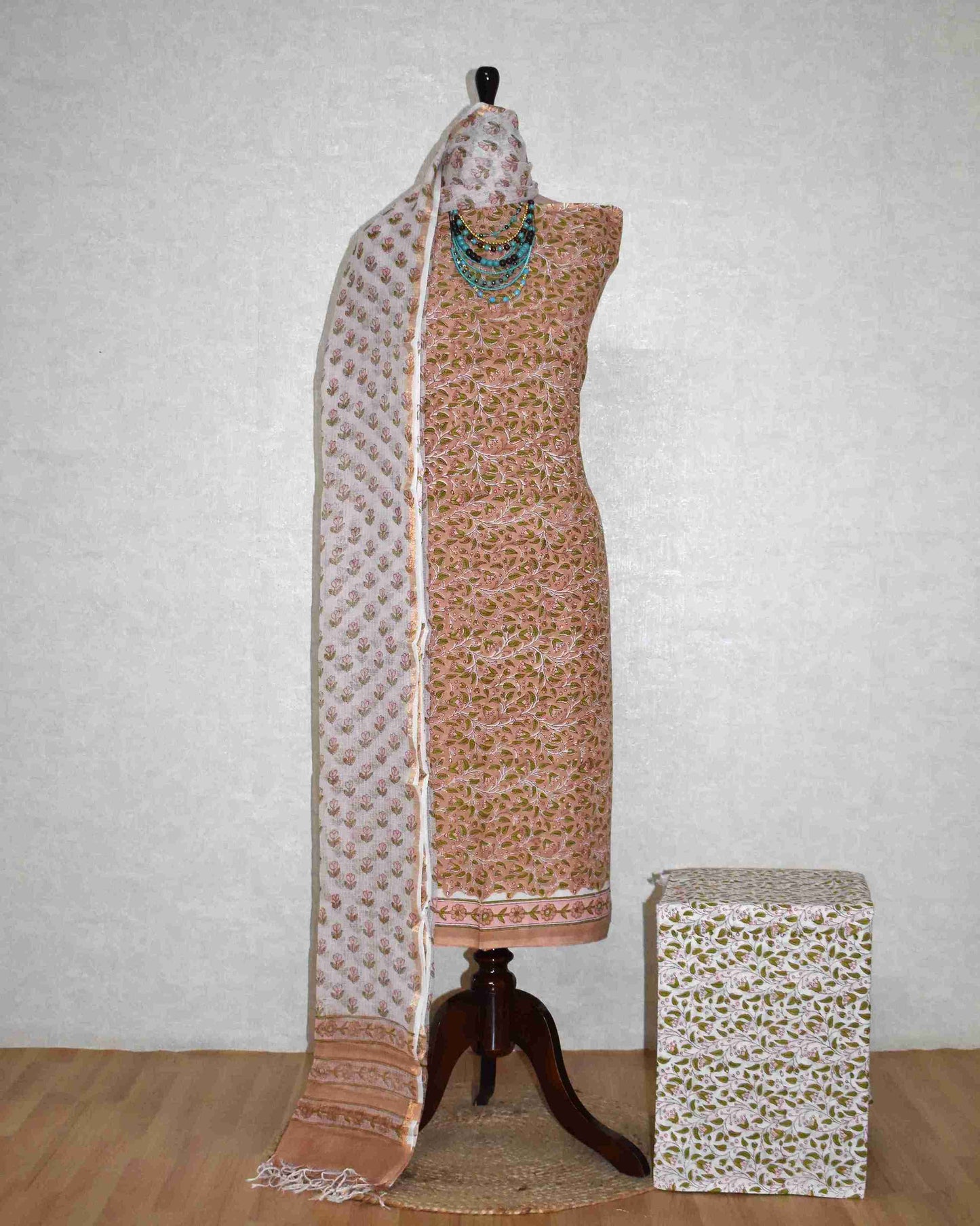 All-over Floral jaal Hand Block Printed Cotton Suit With Kota Doria Dupatta