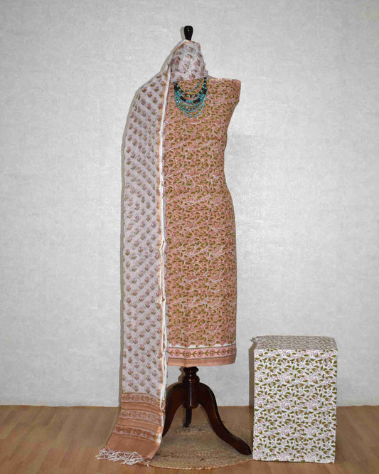 All-over Floral jaal Hand Block Printed Cotton Suit With Kota Doria Dupatta