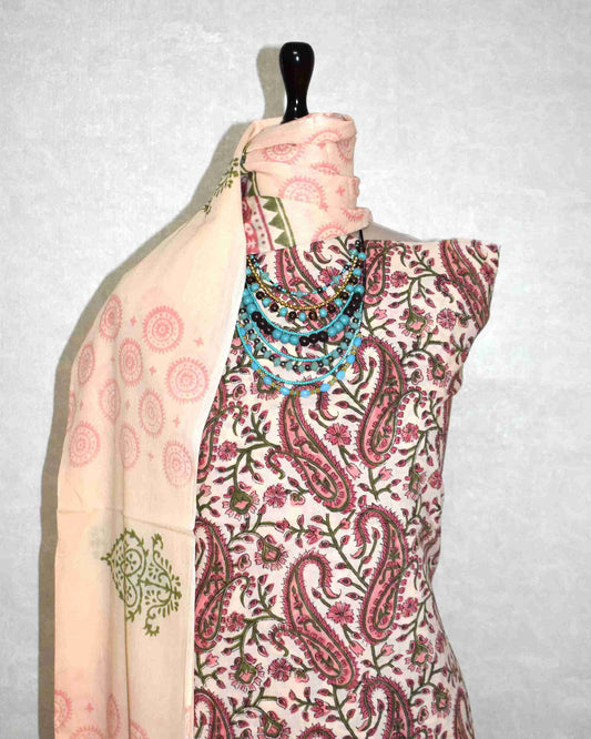 Sanganeri Hand Block Printed Unstitched Cotton Suit Set with malmal dupatta
