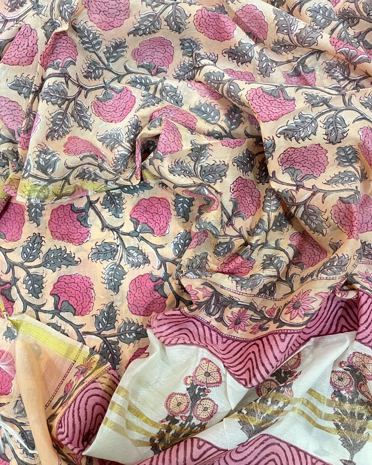 Hand Block Printed Premium Cotton Unstitched Suit with Pink Floral veils & Chanderi Silk Dupatta - Curated Edit