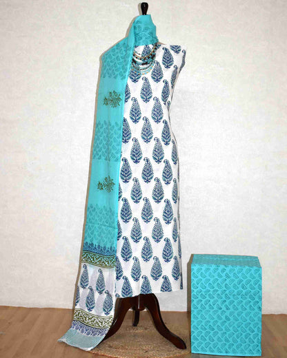 Sanganeri Hand Block Printed Unstitched Cotton Suit Set with malmal dupatta