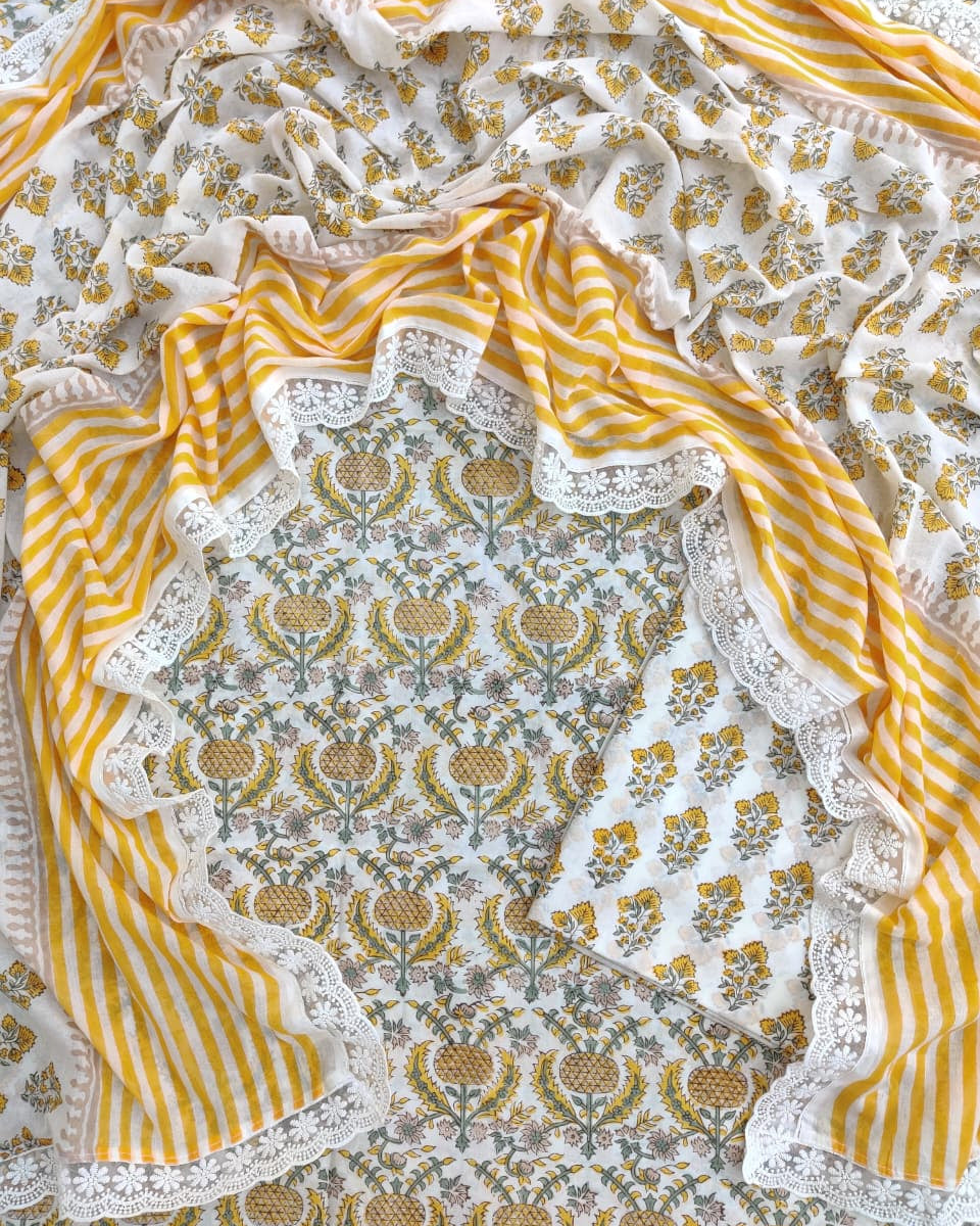 Yellow floral Ogee Hand Block Printed Cotton Suit with Crochet Lace Work and Malmal Dupatta