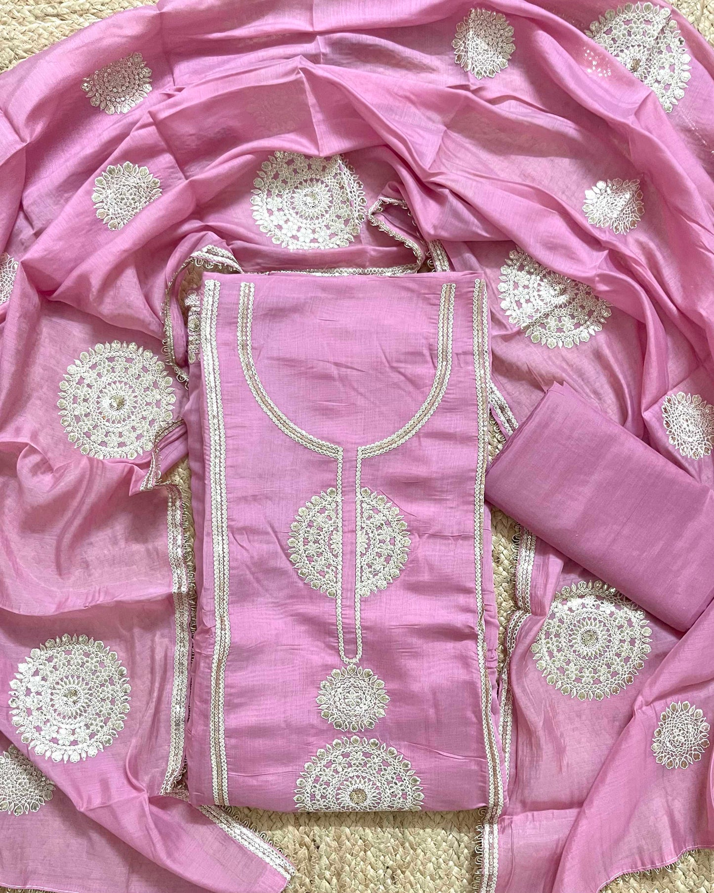 Designer Mal Chanderi Embroidered 3-Piece Suit Set (Blush Pink)