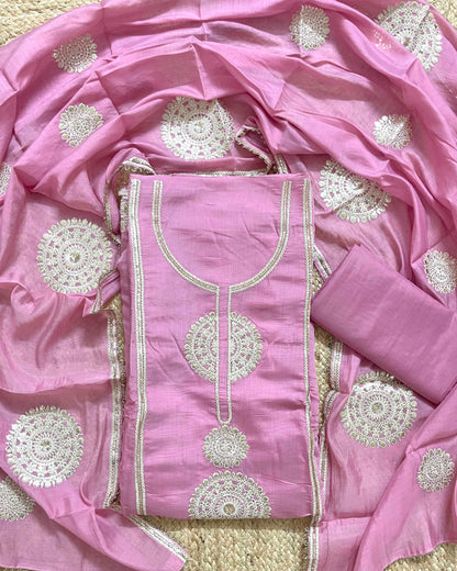 Designer Mal Chanderi Embroidered 3-Piece Suit Set (Blush Pink)