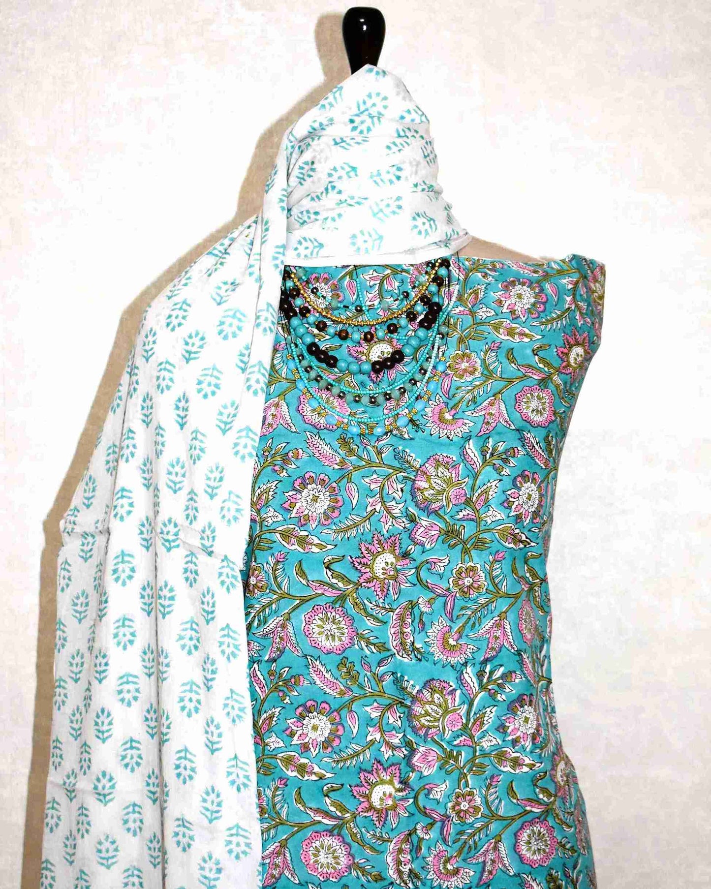 Sanganeri Hand Block Printed Unstitched Cotton Suit Set with malmal dupatta