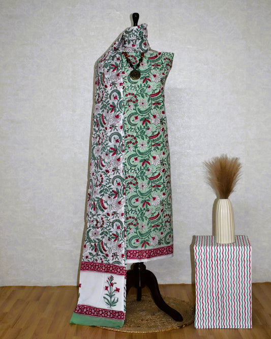 Botanical Jaal in Mint-Green with Red Flowers Hand Block Printed Cotton Suit with Malmal Dupatta