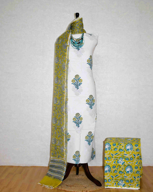 Floral Mughal Buta Hand Block Printed Cotton Suit With Kota Doria Dupatta