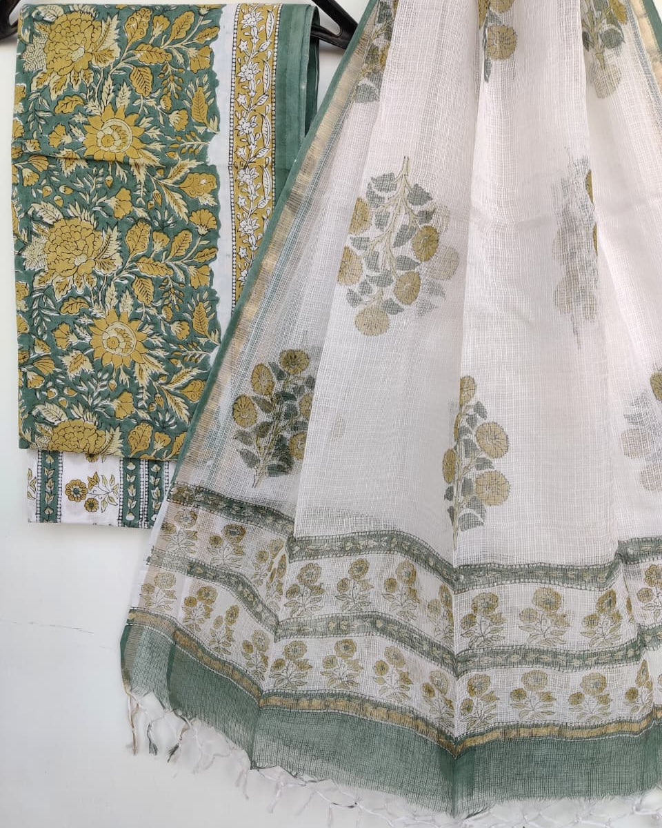 Olive Green All-over Floral Hand Block Printed Cotton Suit With Kota Doria Dupatta